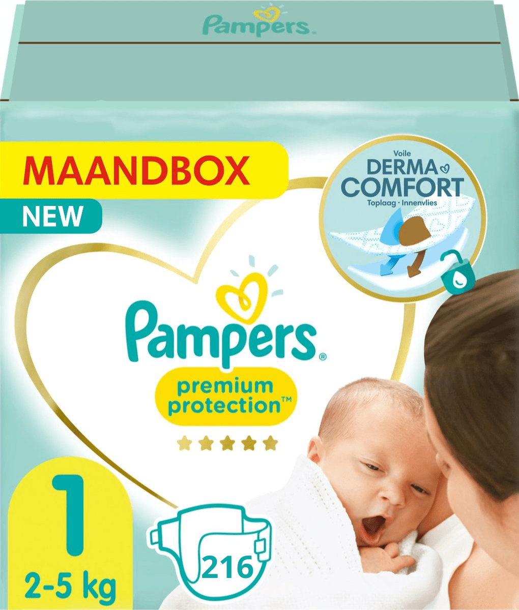 Pef avontuur vier keer Pampers luiers New Baby - Maat 1 Maandbox - 216 stuks